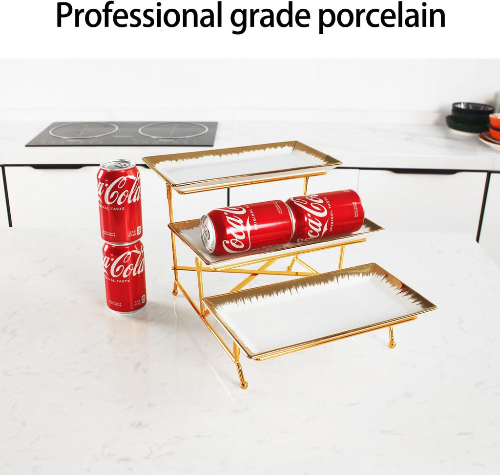 3-Tiered Serving Rack with Ceramic Tray, Foldable Gold Stand with 3-PCS 11.4 Inch Gold Rim Plates, for Food Display