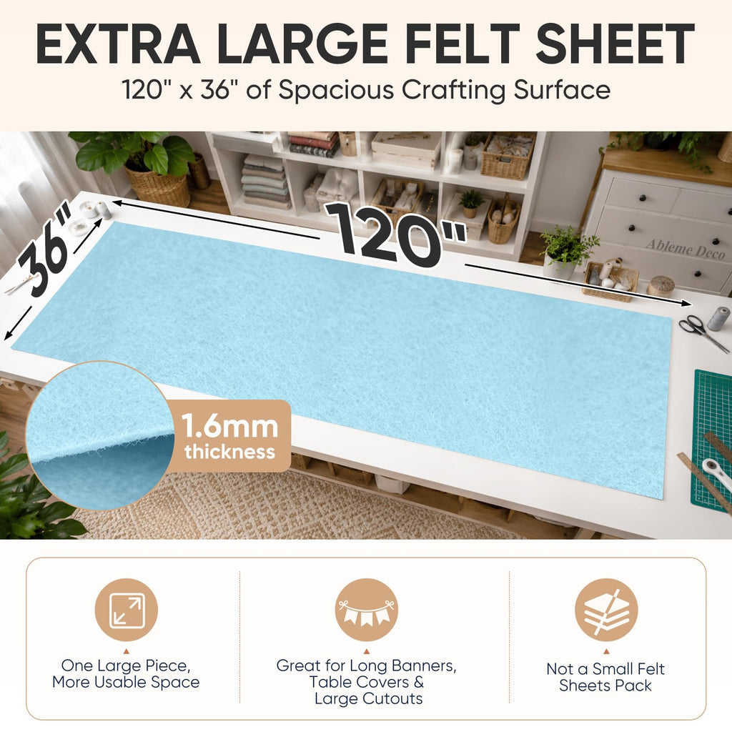 Large Felt Fabric Sheet 120" x 36", Soft Acrylic Material, Light Blue