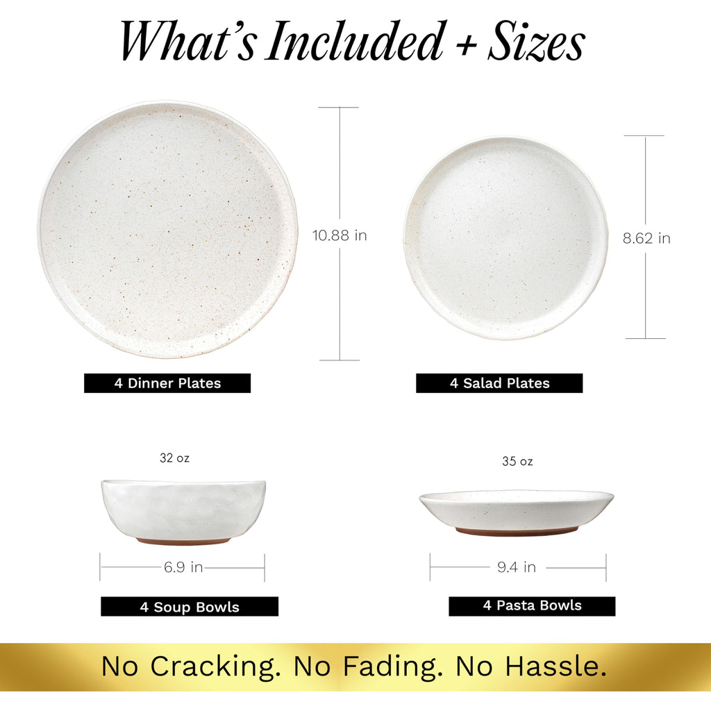 16-Piece Boho Farmhouse Stoneware Dinnerware Set for 4, Semi-Matte White Plates and Bowls Sets with Rustic Speckled