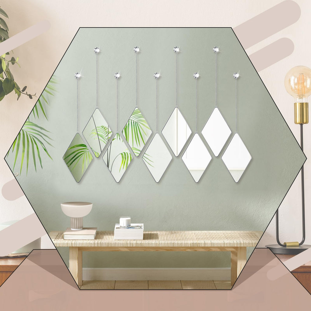12 Pcs Diamond Wall Mirror Decorative Set Hanging Mirrors with Chain Frame Diamond Decorative for Wall Decor Living