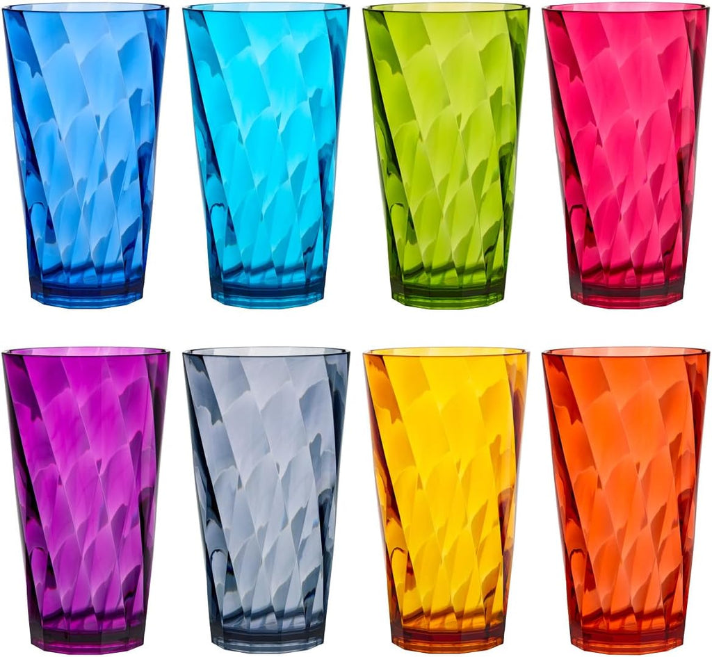 Optix Plastic Reusable Drinking Glasses (Set of 8) 20oz Water Cups in Jewel Tone Colors | BPA-Free Tumblers, Made in
