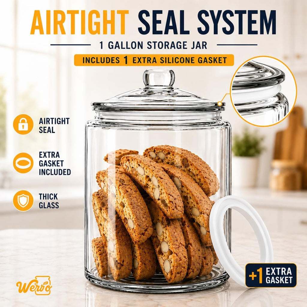1 Gallon Glass Cookie Jar With Airtight Lid, Large Glass Jar With Lid -Extıra Gasket- Glass Storage Containers