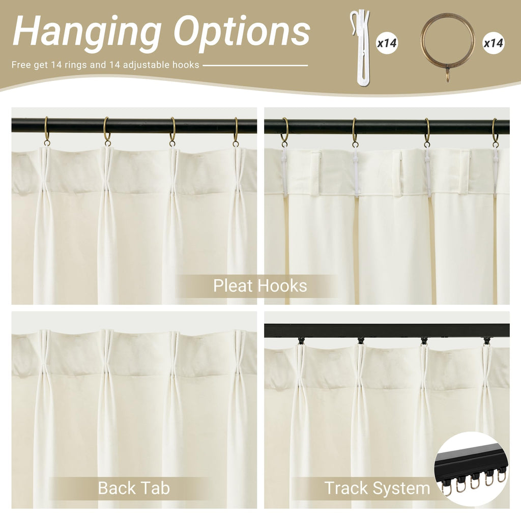 Beige White Luxury Velvet Curtains Extra Wide Thermal Insulated Blackout Pinch Pleat Curtains 84 Inches Long Room