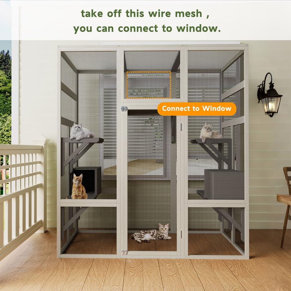 Outdoor Cat House Catio Enclosure 62.6", Wooden Large Cat Cage with Waterproof Roof, Solid Wood Cat Playpen with 7