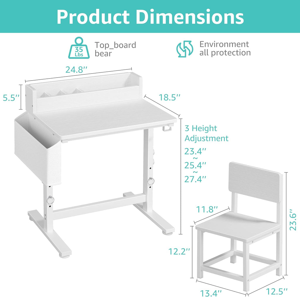 Height Adjustable Kids Desk and Chair Set for 5-8 Year Old, White Desk for Kids, Small Wood Child Study Table