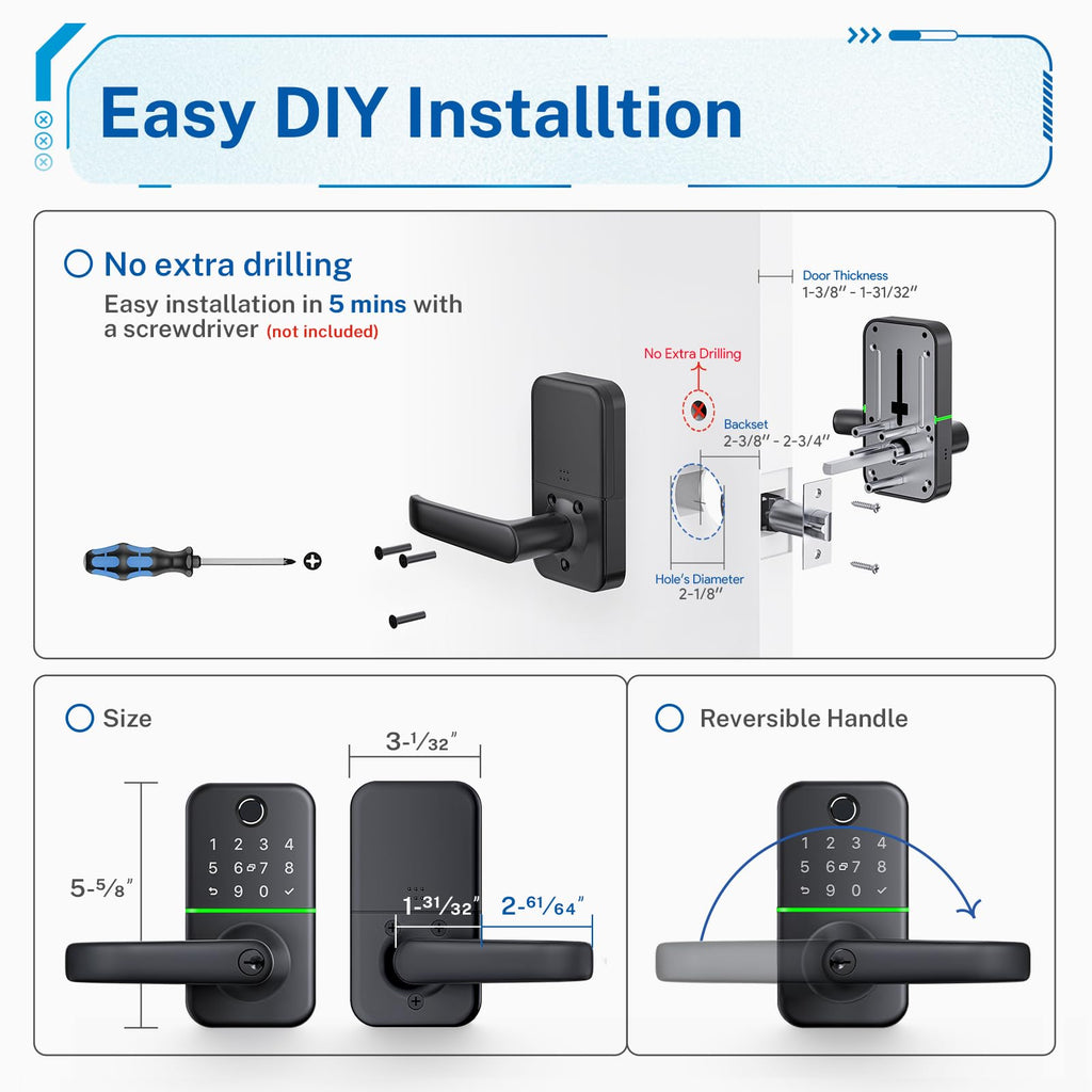 Keypad Smart Door Lock with Handle: Keyless Entry Fingerprint Lock - Digital Code Handle with Keypad - Electronic
