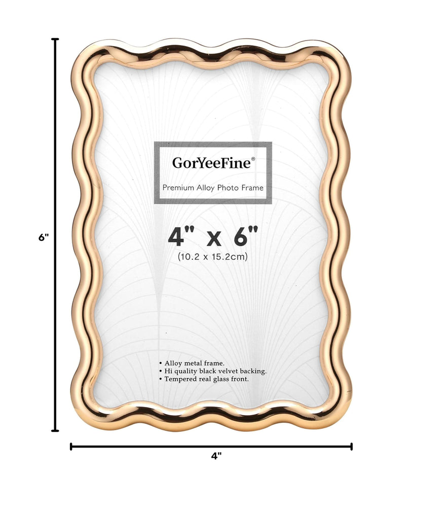 Gold 4 x 6'' High-End Zinc Alloy Picture Frame with Wave Design - Modern Glamour 6x4'' Pictures Frames for Desktop