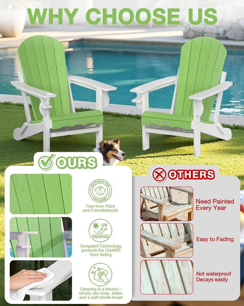 Folding Adirondack Chair, 25 Year Fade Proof Outdoor Patio Chairs | 400 LBS Capacity,Wooden Textured,All-Weather