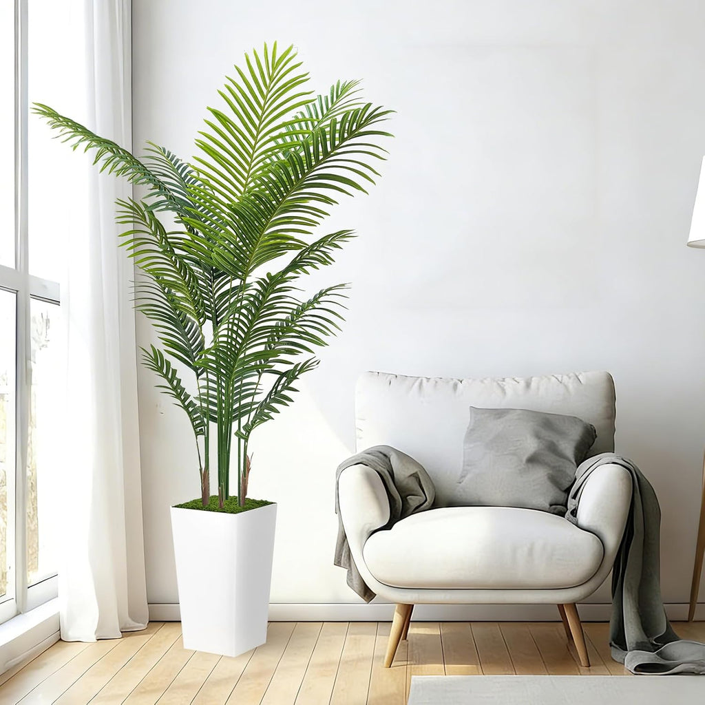 Artificial Palm Tree 6FT - Fake Tree with White Tall Planter - Faux Tropical Areca Floor Plant in Pot - Artificial