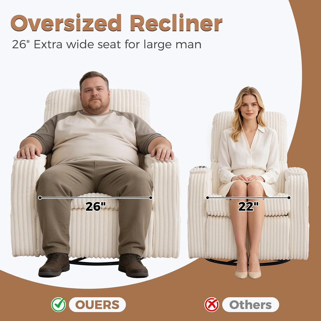 Power Nursery Recliner,26''Swivel Rocker Recliner,Adjustable Headrest,White | Extra Wide Recliner , Oversized