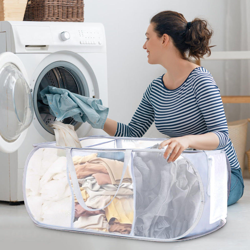 Durable Collapsible Foldable Mesh Pop Up Laundry Basket, 3 Compartments Easy to Carry & Sort Clothes Hampers, Travel