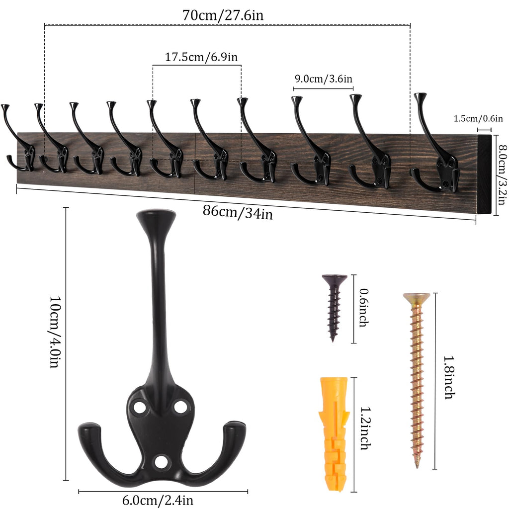 Vintage Wall Mounted Coat Rack, 34" Long with 10 Black Tri-Hooks