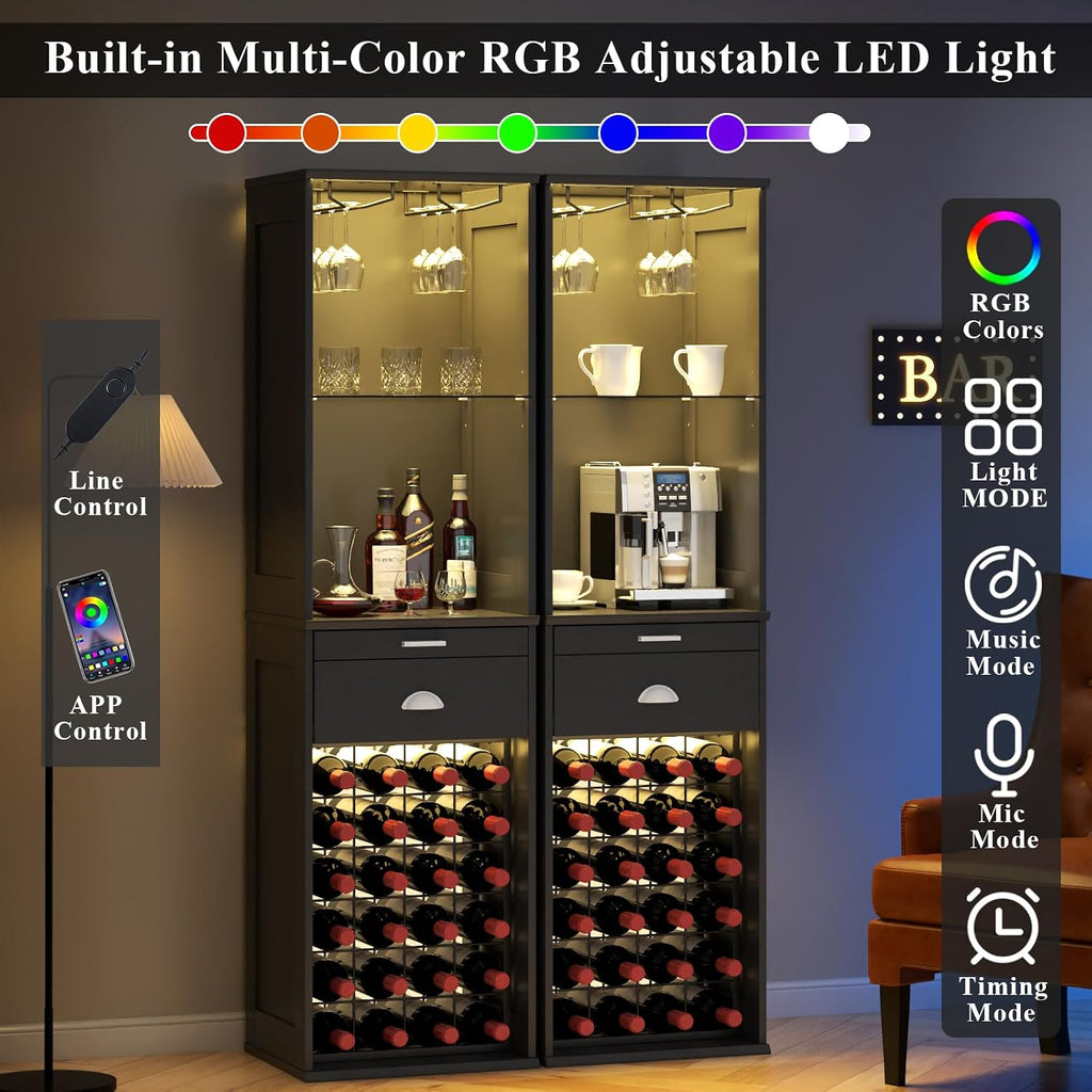 Wine Bar Cabinet w/LED Lights, 65'' Tall Coffee Bar w/24 Wine Rack | Freestanding Liquor Cabinet with Glass Holder &