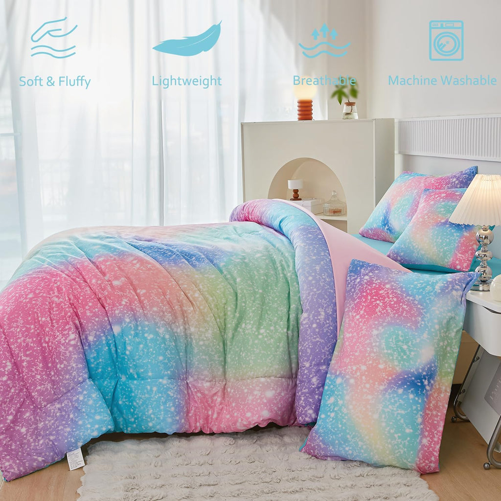 Pink Green Girls Twin Comforter Set, 6 Pieces Colorful Rainbow Kids Bedding Sets, Tie Dye Ombre Glitter Bed in A Bag