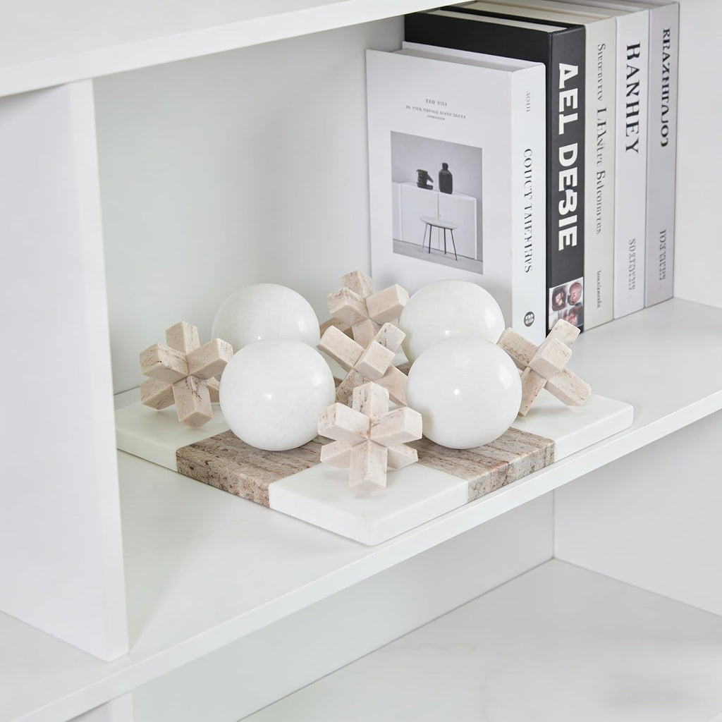 Marble Tic Tac Toe Game Set - Natural Organic Stone Board with White and Brown XO Pieces, Luxury Decorative X and O