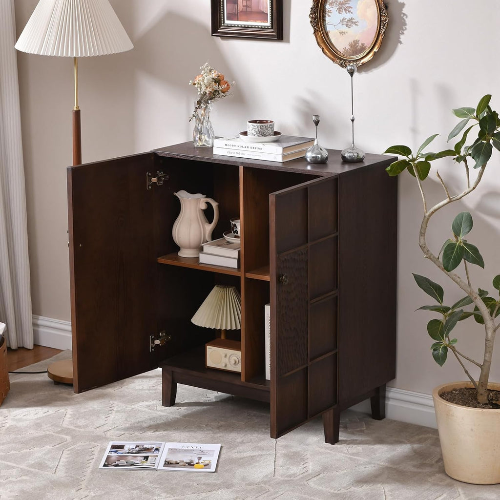 Mid-Century Modern Accent Cabinet with Textured Doors, 4-Cube Storage Cabinet, Walnut Wood Storage Cabinet , 31.5"