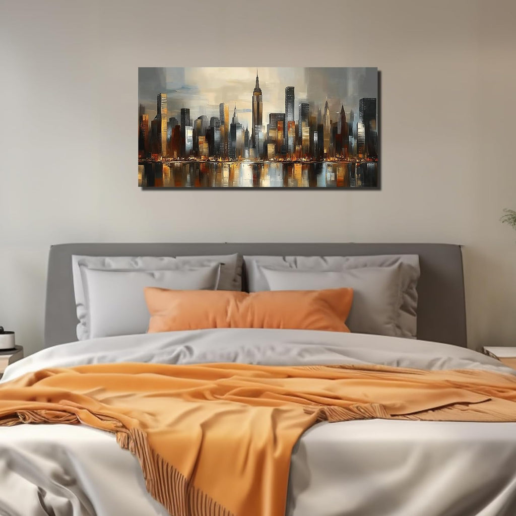 City Wall Art , Gold and Grey Wall-Decor , Modern Cityscape Poster Canvas Print, Size Inches