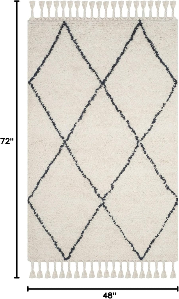 Casablanca Shag Collection Ivory/Grey CSB726A Handmade Moroccan Trellis Tassel Premium New Zealand Wool