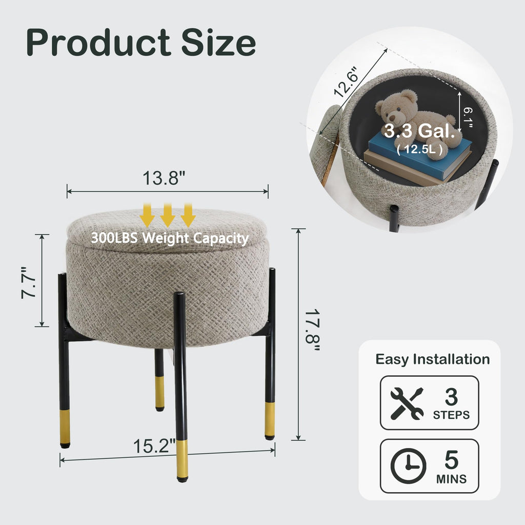 Round Ottoman with Storage, Velvet Makeup Vanity Stool, Small Ottoman Foot Stool with Coffee Table and Metal Legs