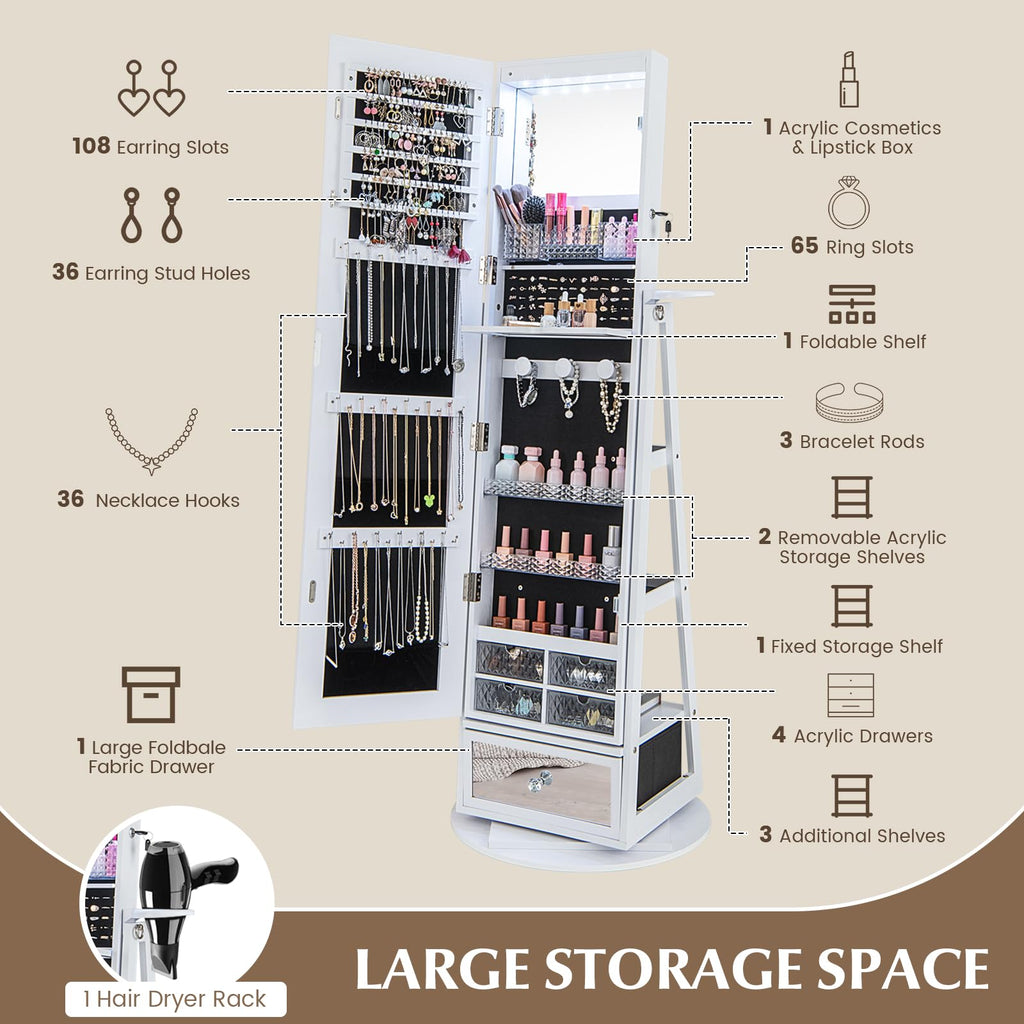 Jewelry Armoire with Full Length Mirror, 360° Lockable Jewelry Organizer W/ 6 LEDs, Rear Storage Shelves, Large