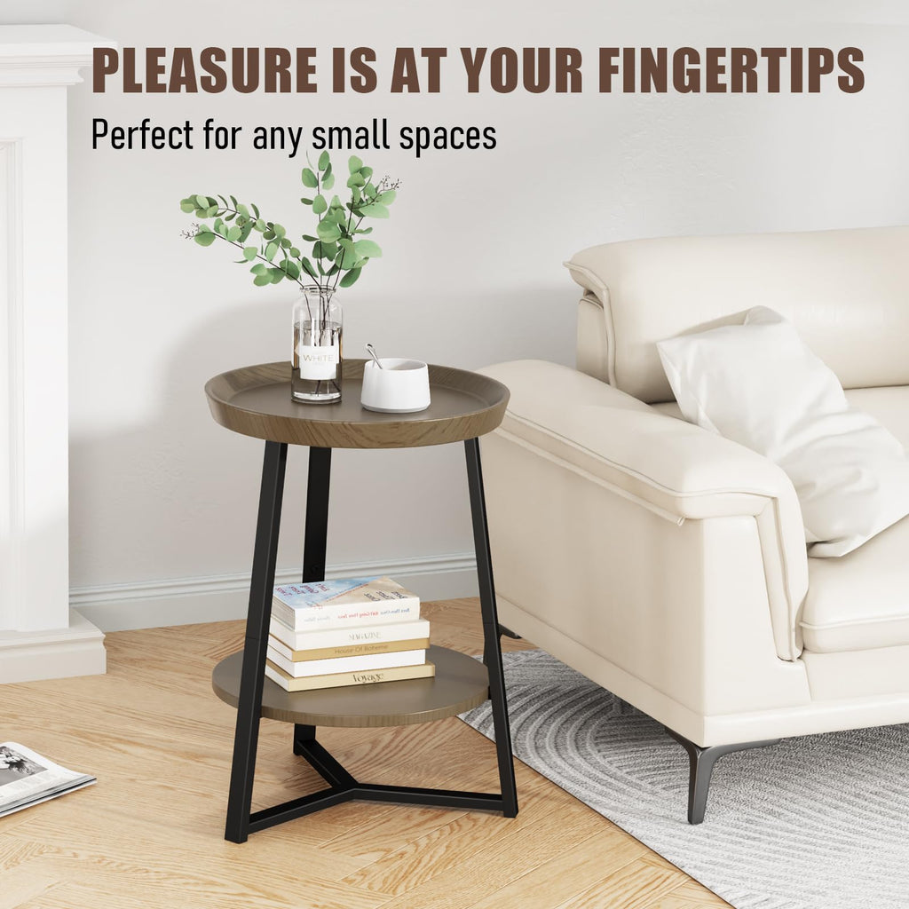 Round End Table with Storage Shelf, Walnut Color