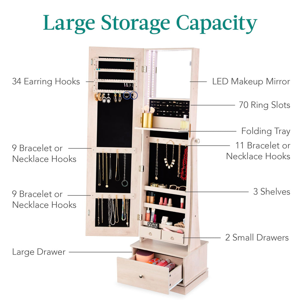 360 Swivel Mirrored Jewelry Cabinet, Standing Armoire, Makeup Storage Organizer, w/LED-lit Mirror, 3 Shelves