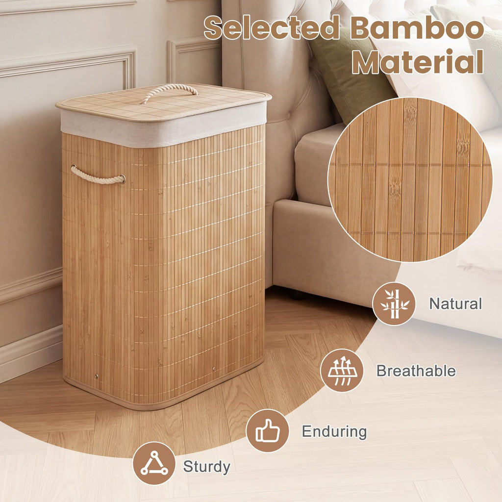 Bamboo Laundry Hamper with Lid, Removable Liner & Portable Handles