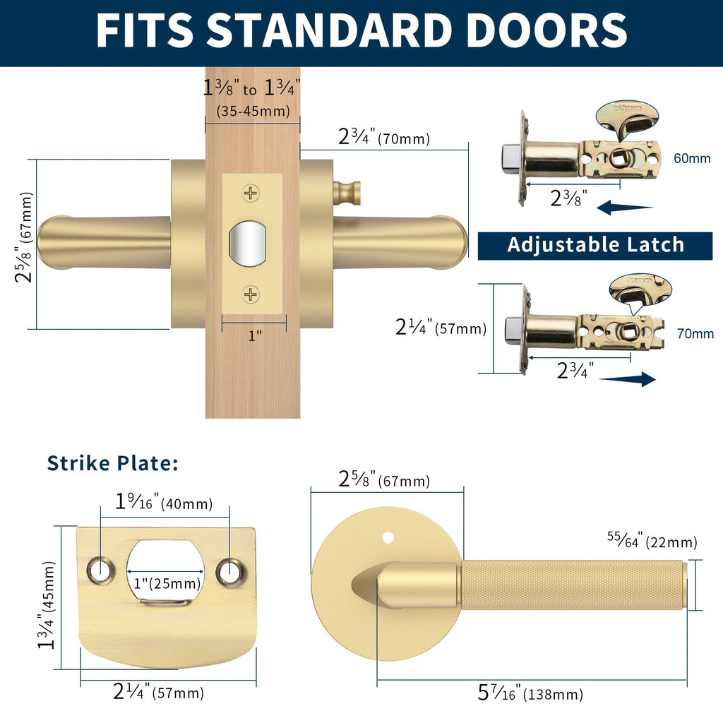 1 Pack Brushed Gold Knurled Interior Door Handle, Privacy Lock
