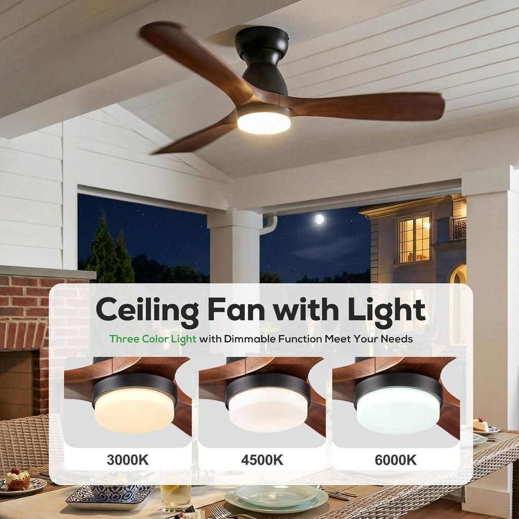 60 Inch Flush Mount Ceiling Fan with Light, Low Profile Smart Ceiling Fan with 3 Solid Walnut Wood Blades, Dimmable LED, Reversible Quiet DC Motor, Alexa App & Remote Control, Indoor Outdoor, Dark Walnut