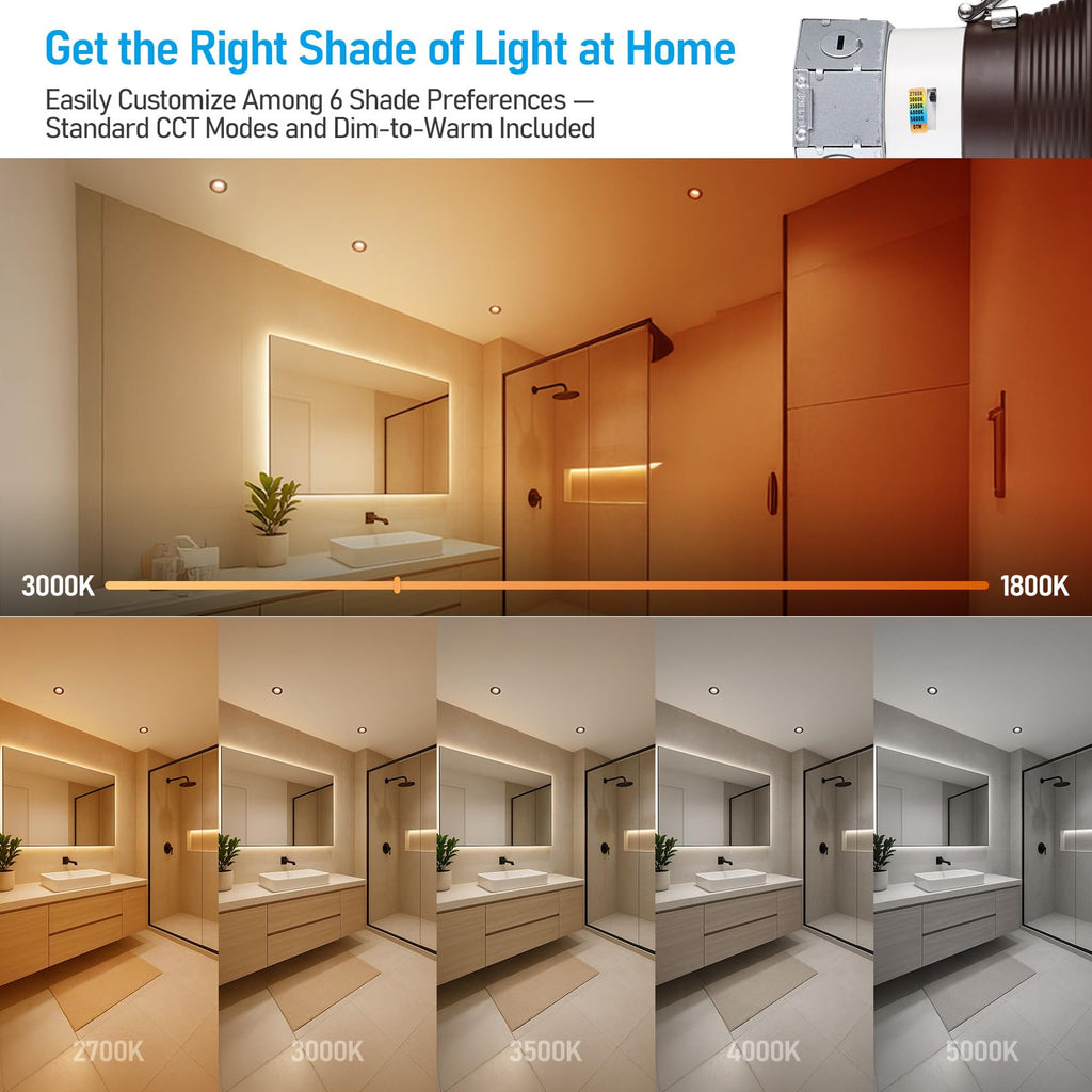 6CCT 4 Inch LED Recessed Light Canless, Dim to Warm