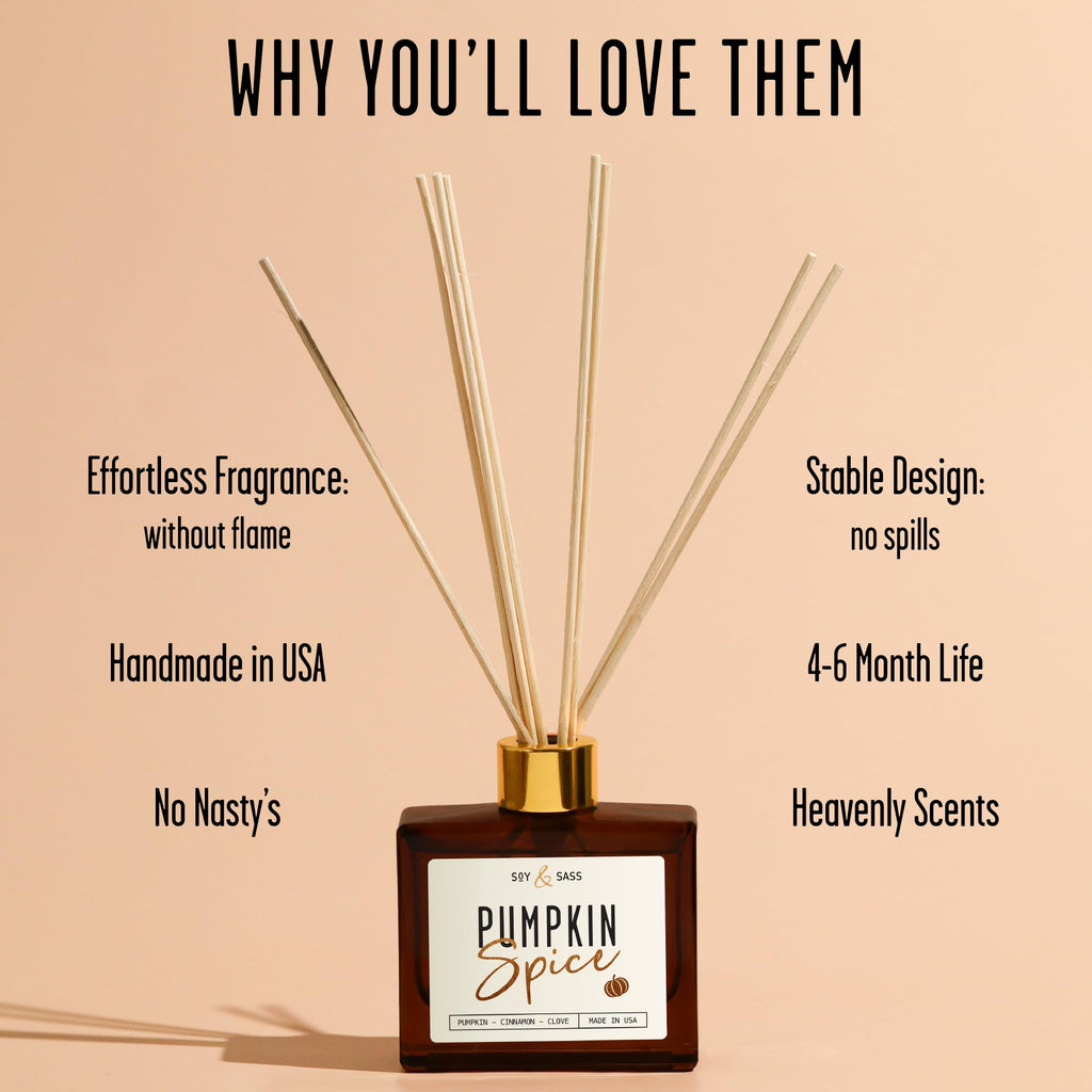 Pumpkin Spice Reed Diffuser, Fall Reed Diffuser Set - Infused w/Essential Oils I Pumpkin Diffuser I Stick Oil Reed