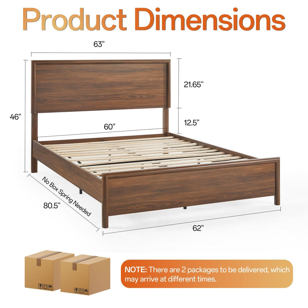 Queen Bed Frame with Headboard, Mid-Century Modern Queen-Size Bedframe with Wood Slat Support, Noise Free, No Box