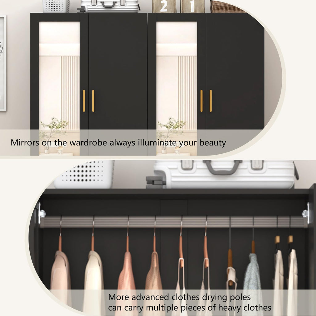2 Door Wardrobe Closet with Mirrors and LED Lights, Small Bedroom Armoire with Drawers, Modern Wooden Armoire