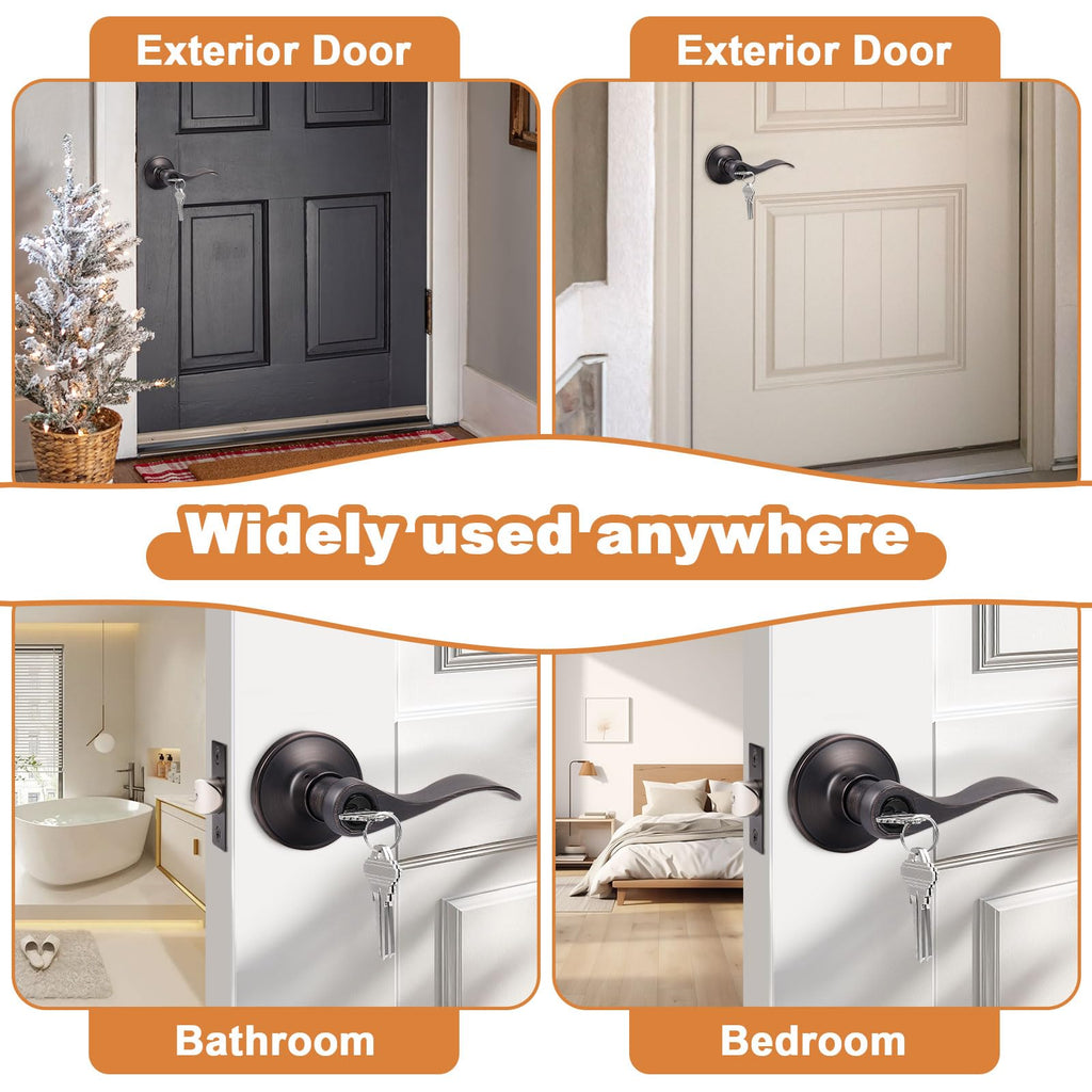 Entry Door Lever Oil Rubbed Bronze, Wave Style Handle Exterior Interior Keyed Entry Lock, Right/Left Handed Entrance
