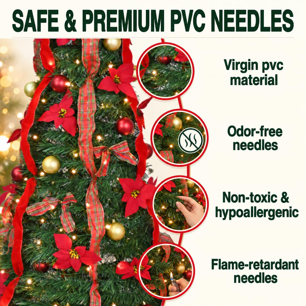 7FT Pop Up with Lights, Prelit Collapsible with 200 Warm Lights, Decorated Popup Xmas Trees for Holiday, Party