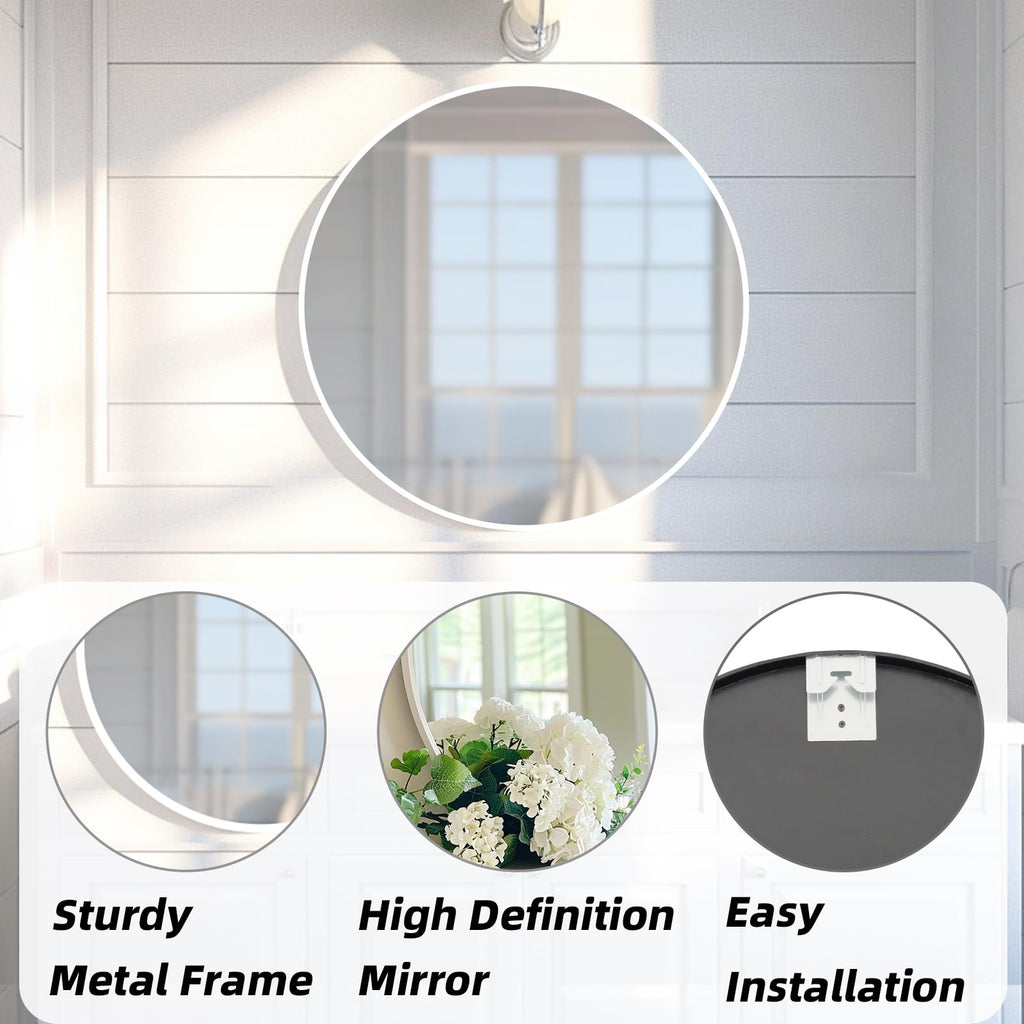 White Round Mirror 30 inch, Circle Mirror, Matte White Metal Frame