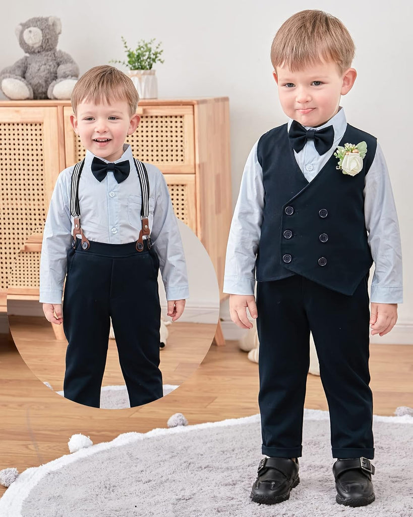 Toddler Baby Boy Clothes Suit Gentleman Wedding Outfits, Formal Dress Shirt+Bowtie+Vest+Boutonniere+Suspender Pants