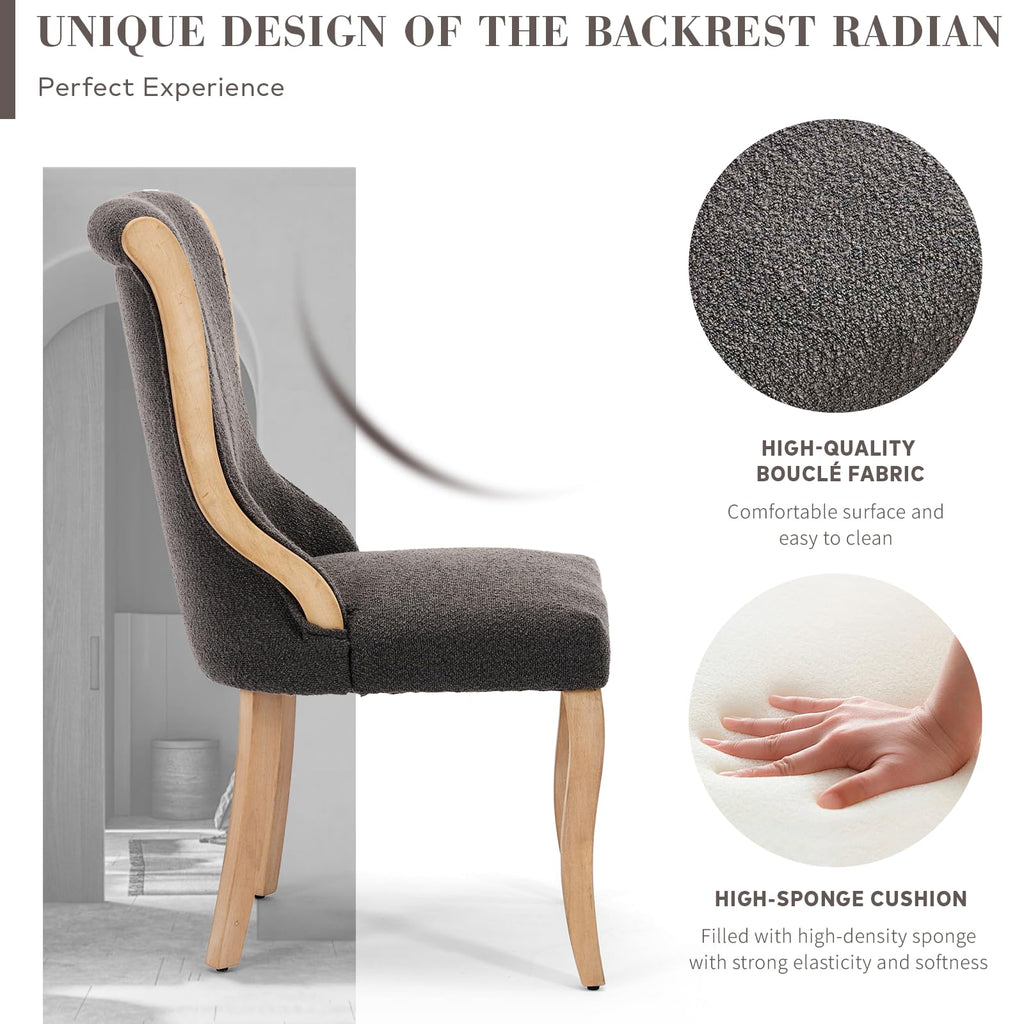 Boucle Fabric Set of 6, Curved Wood Trim and Sculpted Solid Wood Legs (Grey)