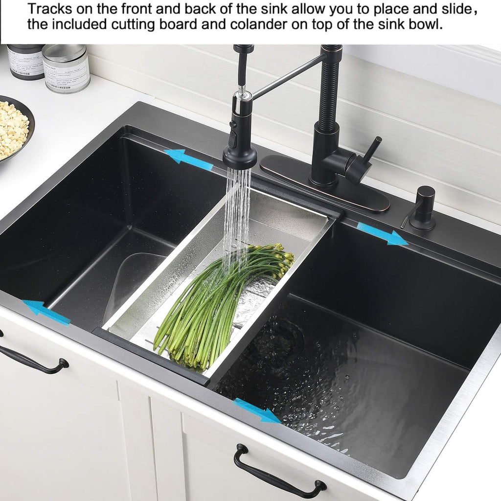 33 Inch Black Drop Sink - VOKIM33x22Inch Top Mount Sink | Workstation Stainless Steel Drop In Sink 16 Gauge Single