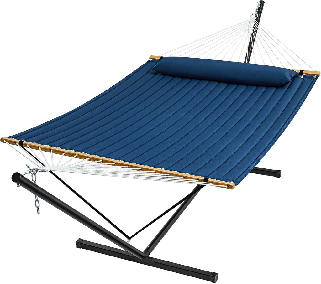 Hammock with Stand, 2 Person Quilted Outdoor Hammock, Detachable Pillow & Bamboo Spreaders, Portable Hammock with