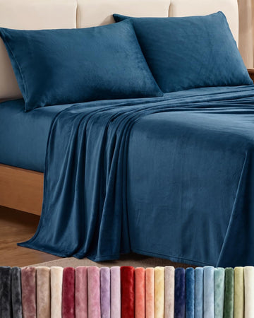 Fleece Sheets King Size Set - 4-Piece Velvet Flannel Sheet Set - Navy