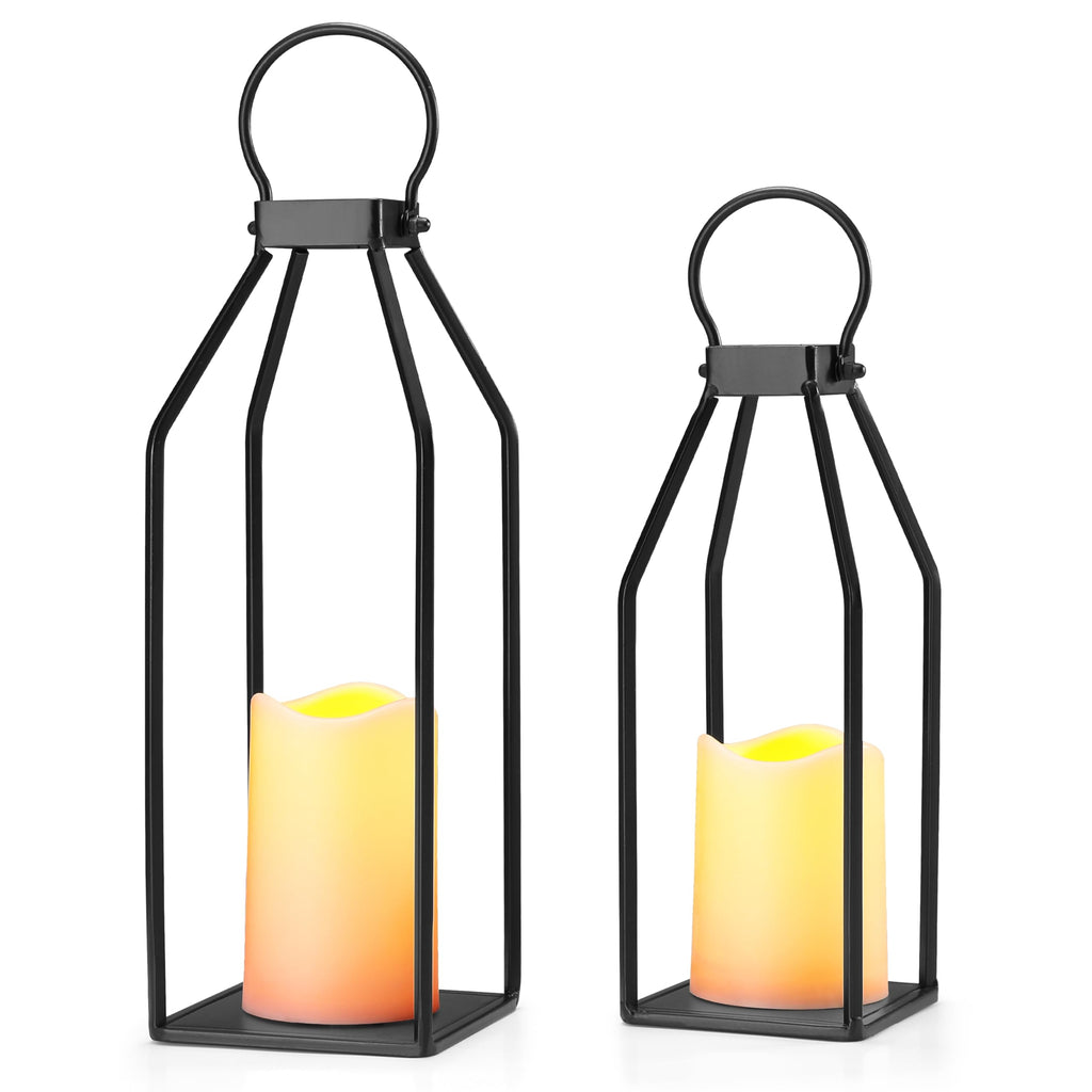 Farmhouse Lantern Decor, 15'' 13'' Set of 2 Black Metal Lantern, 2 LED 6hr Timer Flameless Candles & Remote Timer