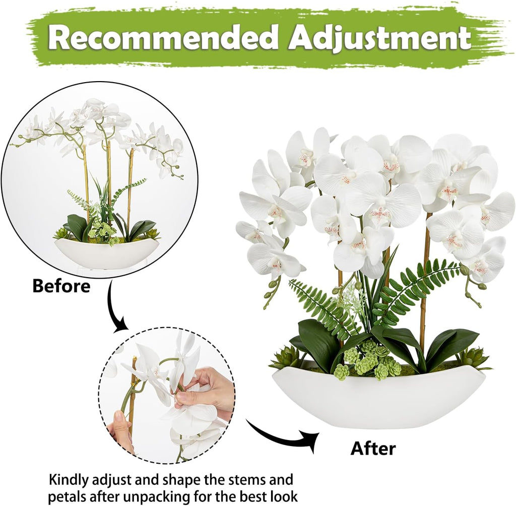 Orchid Artificial Flowers 18in White Fake Orchid Silk Flowers with Ceramic Pot Faux Orchid Arrangement Room Coffee