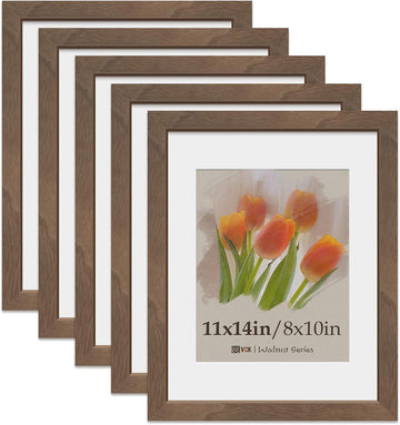 11x14 Picture Frame 5 Pack - Walnut, Tempered Glass, for Photo | 8x10 Acid-Free Mat, High-End Natural Wood Frame