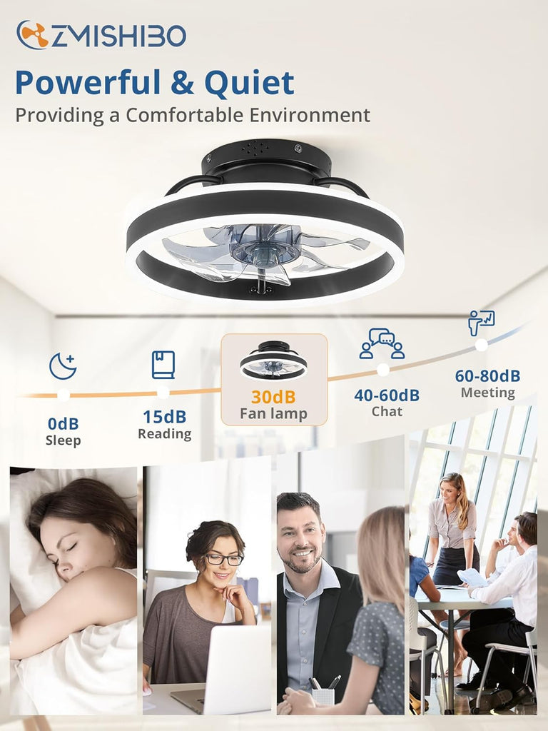 Low Profile Ceiling Fans with Lights and Remote, 13 Inch Fandelier Ceiling Fan with Light, Black Modern Flush Mount Ceiling Fan, Small Dimmable LED Fan Lights for Bedroom A101-B0D2KW3N48