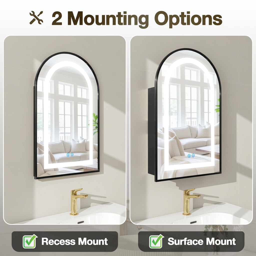 Arched Medicine Cabinet with LED Lights, Lighted Bathroom Medicine Cabinet Mirror with Anti-Fog, No Assembly