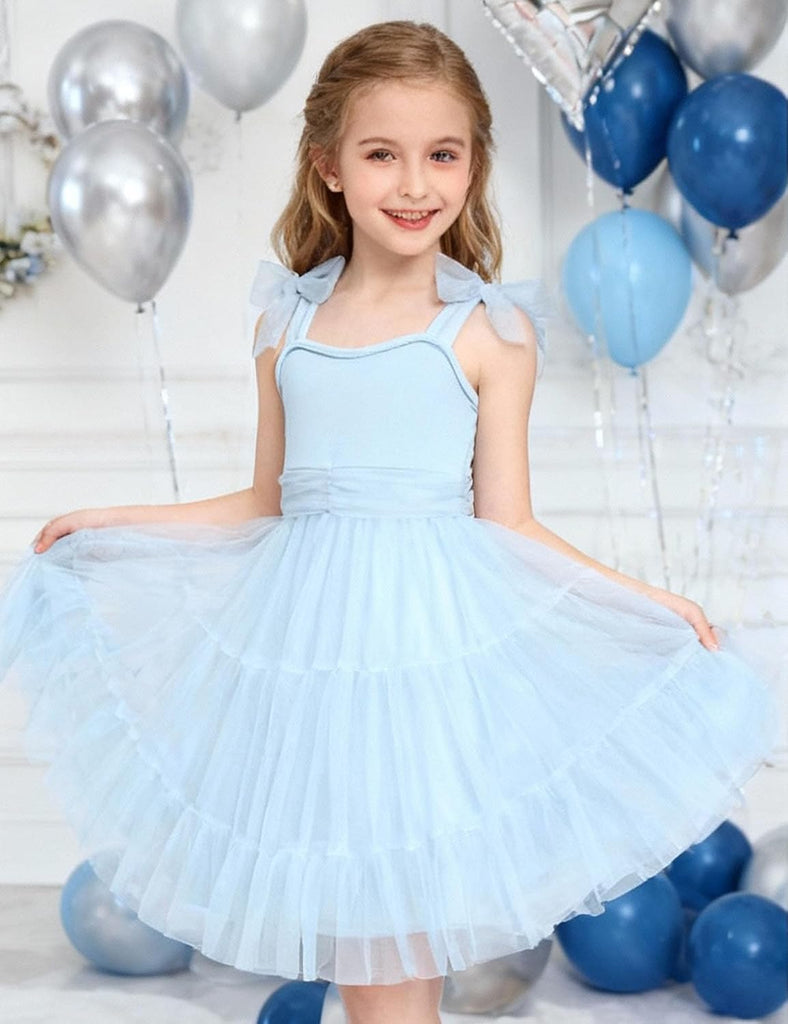 Girls Dresses Summer Sleeveless Bow-Tie Straps Party Tulle Dress