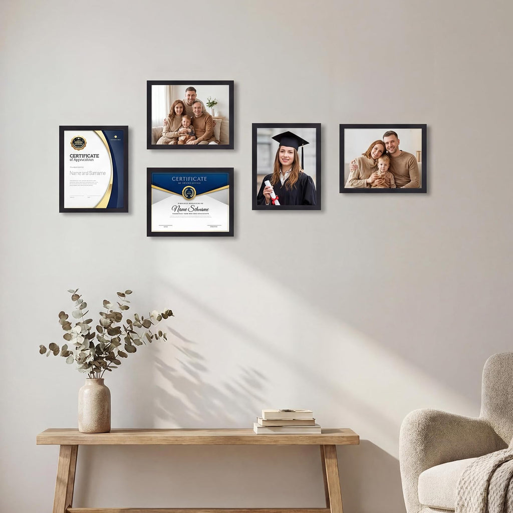 8.5 x 11 Picture Frame Set of 5, Black 8.5 by 11 Photo Frames Used for Certificate, Diploma, Document, Degree, Award