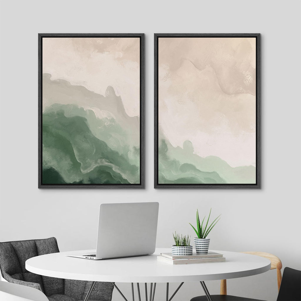 Framed Canvas Print Wall Art Soft Green and Beige Abstract Calming Watercolor Landscape Illustrations Modern Art