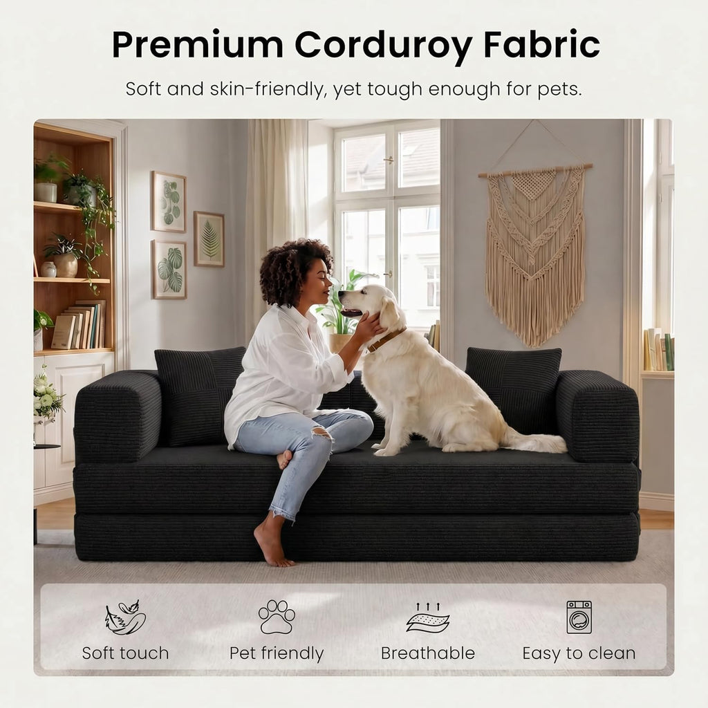 79.5" Convertible Futon Sofa Bed, Boneless Couch | Corduroy Boneless Loveseat Sleeper Sofa, Modular Futon Couch with